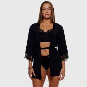 Black Ribbed Lounge Contrast Lace Trim Robe with Tie Closure